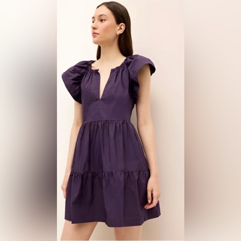 Marie Chantal Deep Purple Flutter-Sleeve Tiered Mini Dress